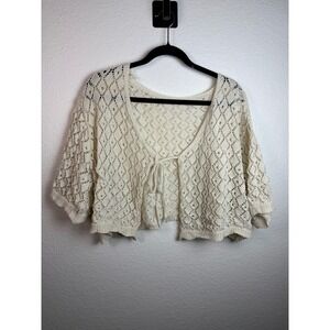 Womens Medium Ivory Crochet Tie Front Cardigan 3/4 Sleeve Boho Cottagecore Y2K